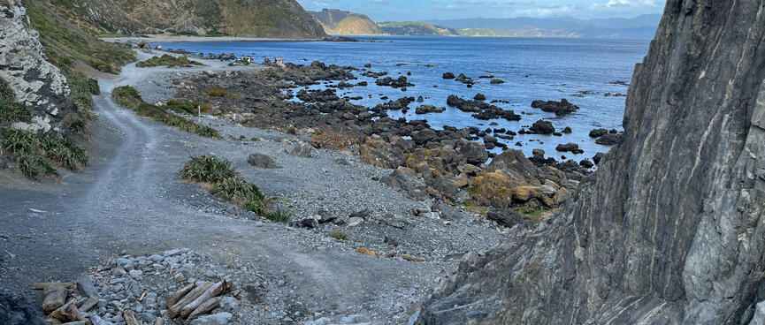 Looking down on the coastal road from an elevated position.