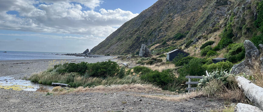 Steep hills and shingle beaches.