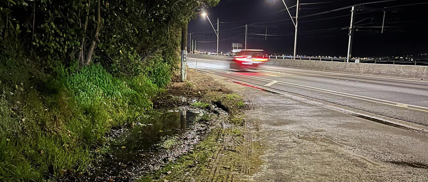 A car speeds past an informal parking area.