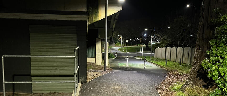 A newly asphalted cycle path with good lighting.