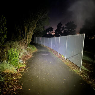 A tall chain link fence next to a narrow pathway.