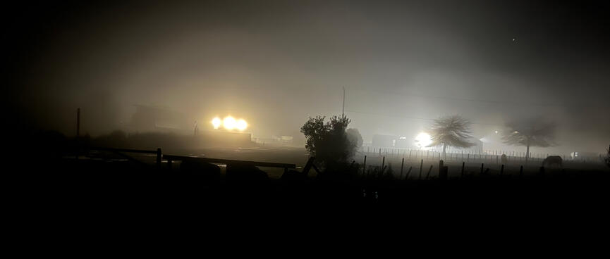 Floodlights create halos in thick mist.