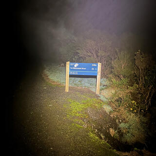 A blue and white sign pointing to Pākuratahi River.
