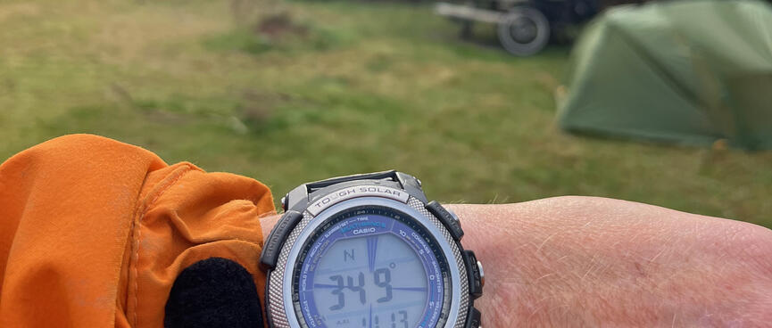My watch compass shows a reading of 34.3 degrees North at 11:13am.