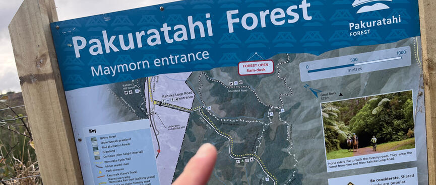 A map board at the Maymorn entrace to the Pākuratahi Forest.