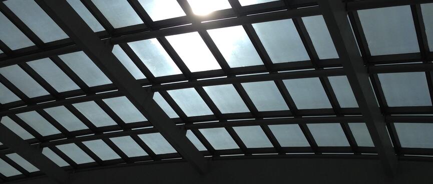 A large curved glass ceiling is supported by metal framing.