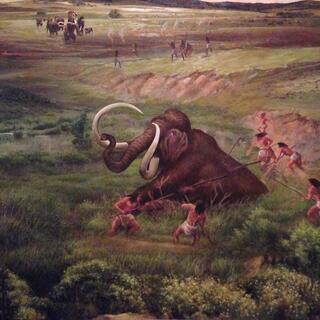 A painting shows locals spearing and lassoing an injured mammoth.