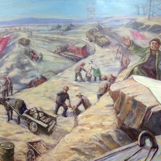 A painting depicts men, women, tractors and horses working in an open air mine.