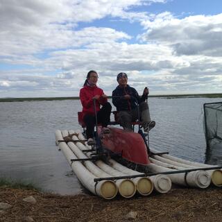 Bent plastic tubes formed the base of a two man pedal boat.