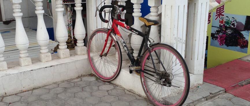 A 10 speed has narrow handlebars and pink rims.