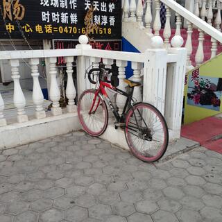 A 10 speed has narrow handlebars and pink rims.