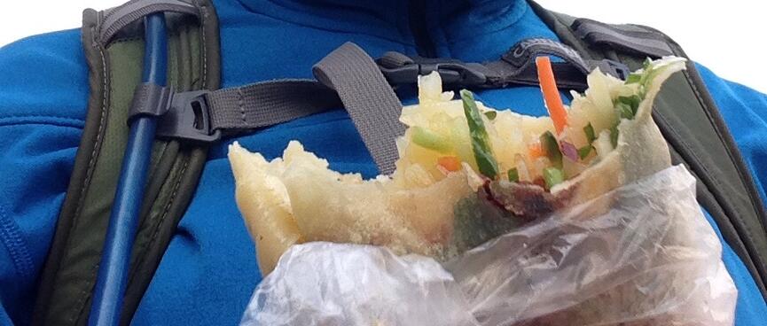 Sliced vegetables wrapped in flat bread.