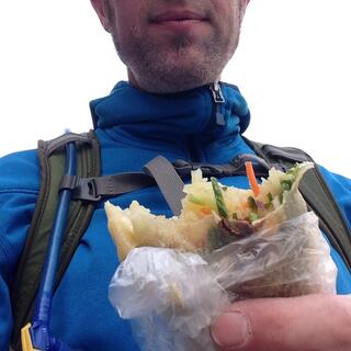 Sliced vegetables wrapped in flat bread.