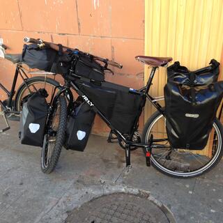 Frame and panniers gleam in the daylight.