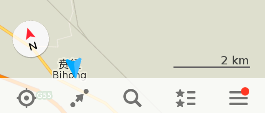 A maps.me vector map showing a thin white path signifying the road to Bihong.