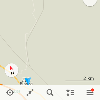 A maps.me vector map showing a thin white path signifying the road to Bihong.