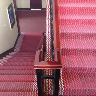 Red carpet on the hotel staircase.
