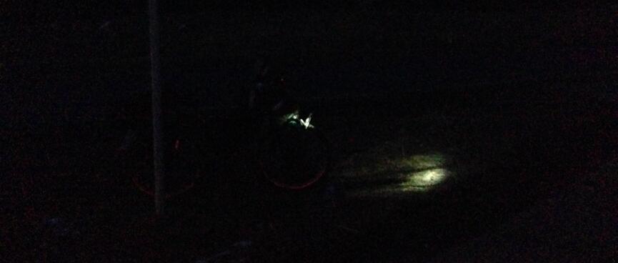 Night scene with an inky blue horizon and the beam from my bikeʼs front light.