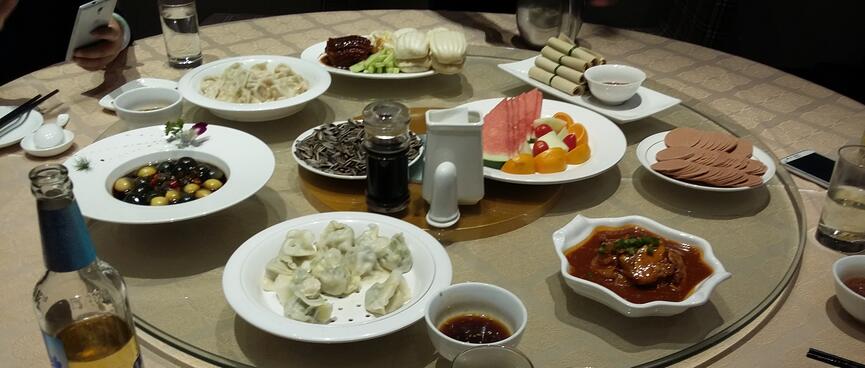 A range of Chinese dishes on a Lazy Susan.