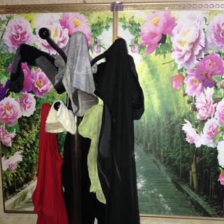 The coat rack is repurposed to dry my riding clothes in front of the electric picture.