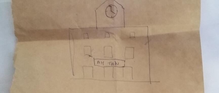 A simply pen drawing of a building with the words ANTAI and AH TAN.