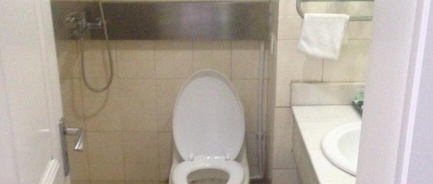 Tiled bathroom with toilet, basin and shower.