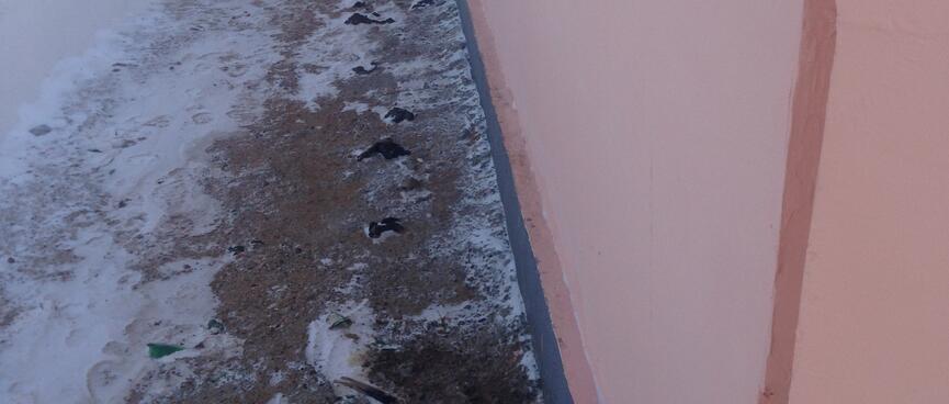 Clumps of snow and frozen faeces at the base of a pink wall.