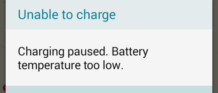 A screenshot from an Android phone shows a battery level of 6% and the message 'Unable to charge. Charging paused. Battery temperature too low.'