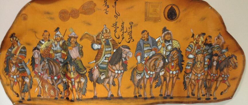 A painted illustration of many horse riders on a light brown background.