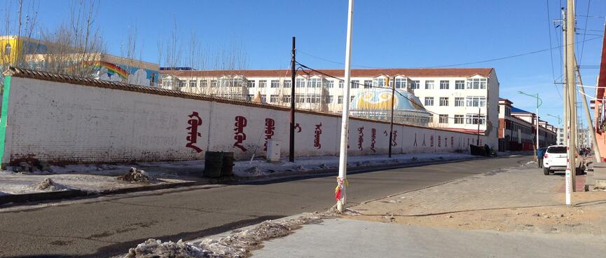 Vertical Mongol script on a long wall.