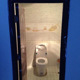 Tiles featuring old sailing ships decorate the wall above a Western style toilet.