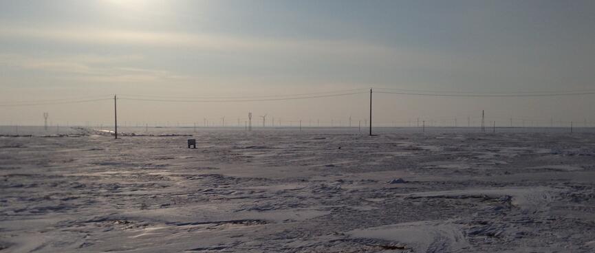 Power pylons in a field and windmills on the distant horizon.