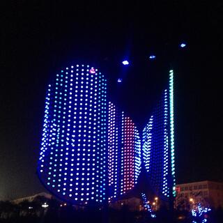 Rows of white red and blue lights in the shape of a fish.