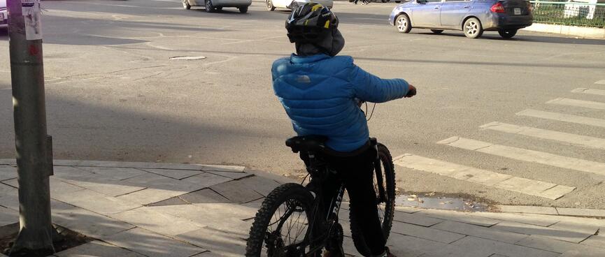 A young boy on a mountain bike waits to cross a zebra crossing.
