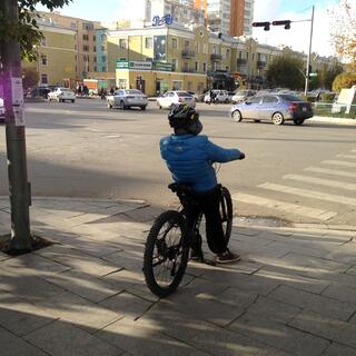 A young boy on a mountain bike waits to cross a zebra crossing.