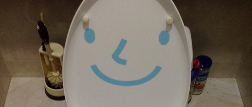 A toilet seat painted with a smiling face.