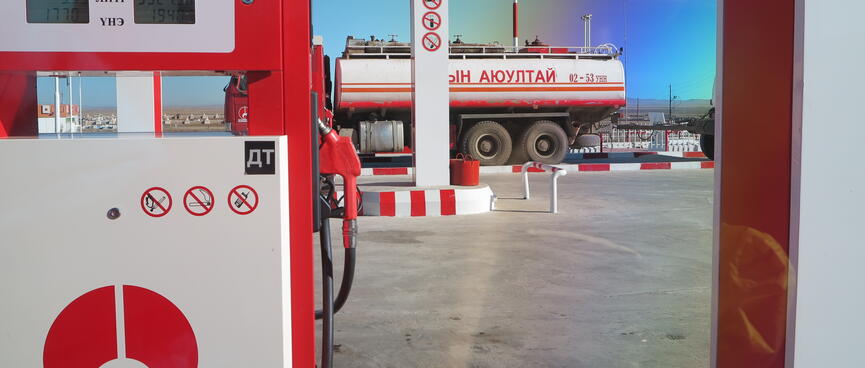 Red and white petrol pumps.