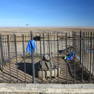 A large stone penis surrounded by a metal cage.