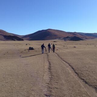Three people walk towards the hills, following tyre tracks in the grass.