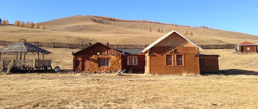 Brown log houses.