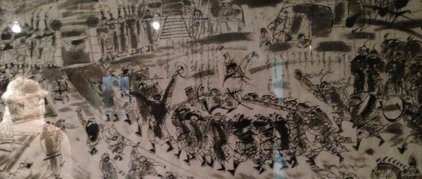 Black and white drawing depicting a village, soldiers and animals.