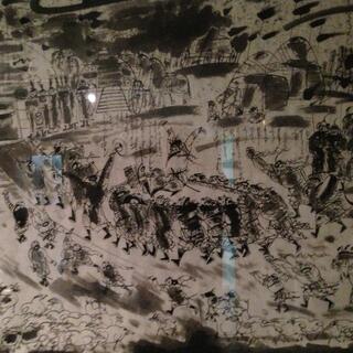 Black and white drawing depicting a village, soldiers and animals.