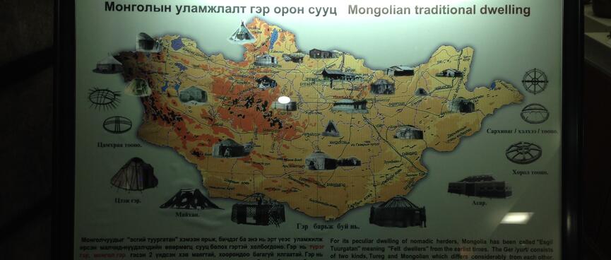 A map of Mongolia showing the different styles of traditional housing used around the country.