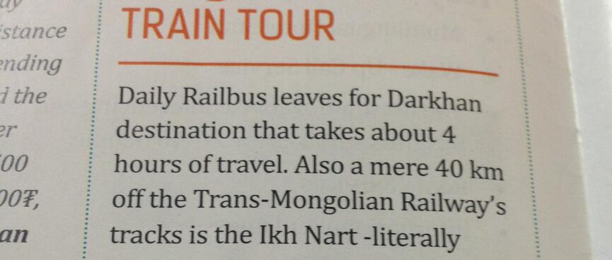 Magazine article about the 4 hour train ride to Darkhan.