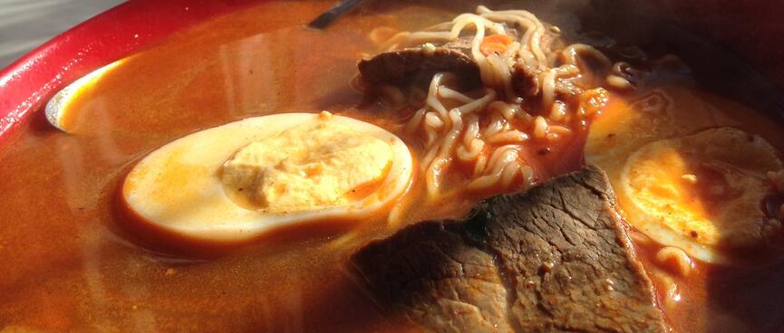 Sunlight fills a red bowl containing a hearty broth.