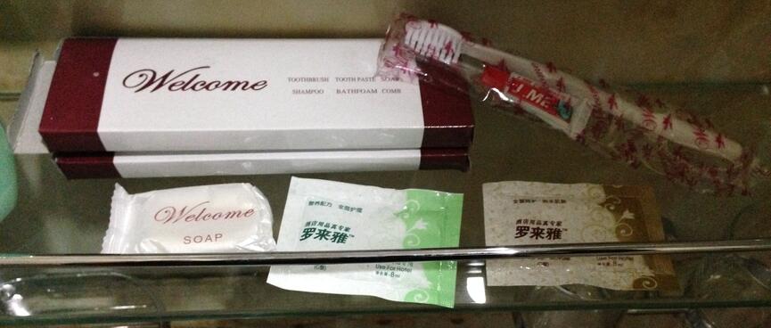 Toothbrush, toothpaste, soap, shampoo, bathfoam and comb.