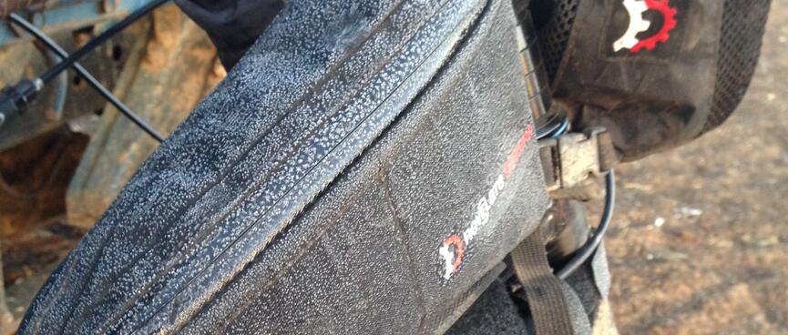 Frost on my bikeʼs topmost frame bag.