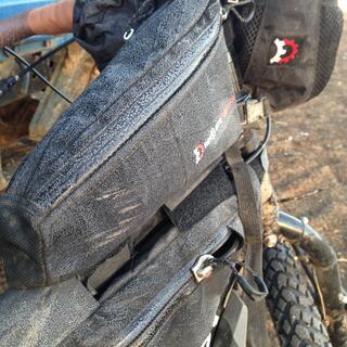 Frost on my bikeʼs topmost frame bag.