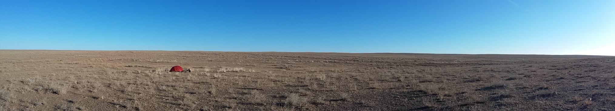 My orange tent shrinks in the dry grassy expanse.