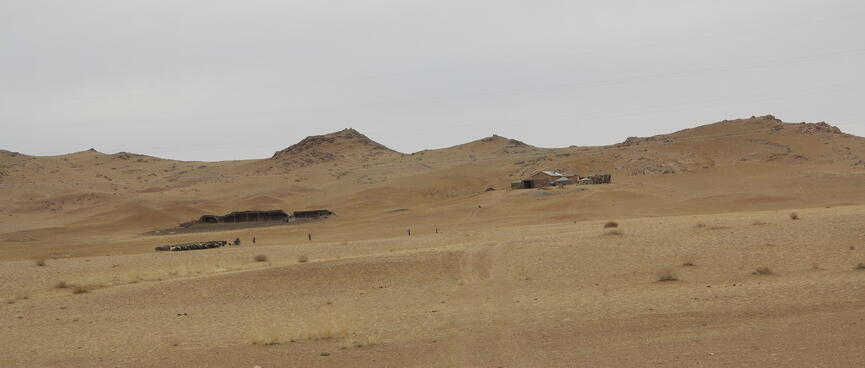 A collection of gers and wooden buildings on a hillside.